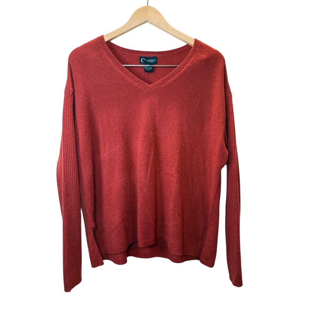 C by Bloomingdale's V-Neck Cashmere Sweater Women Small Dark Sienna Ribbed 19007